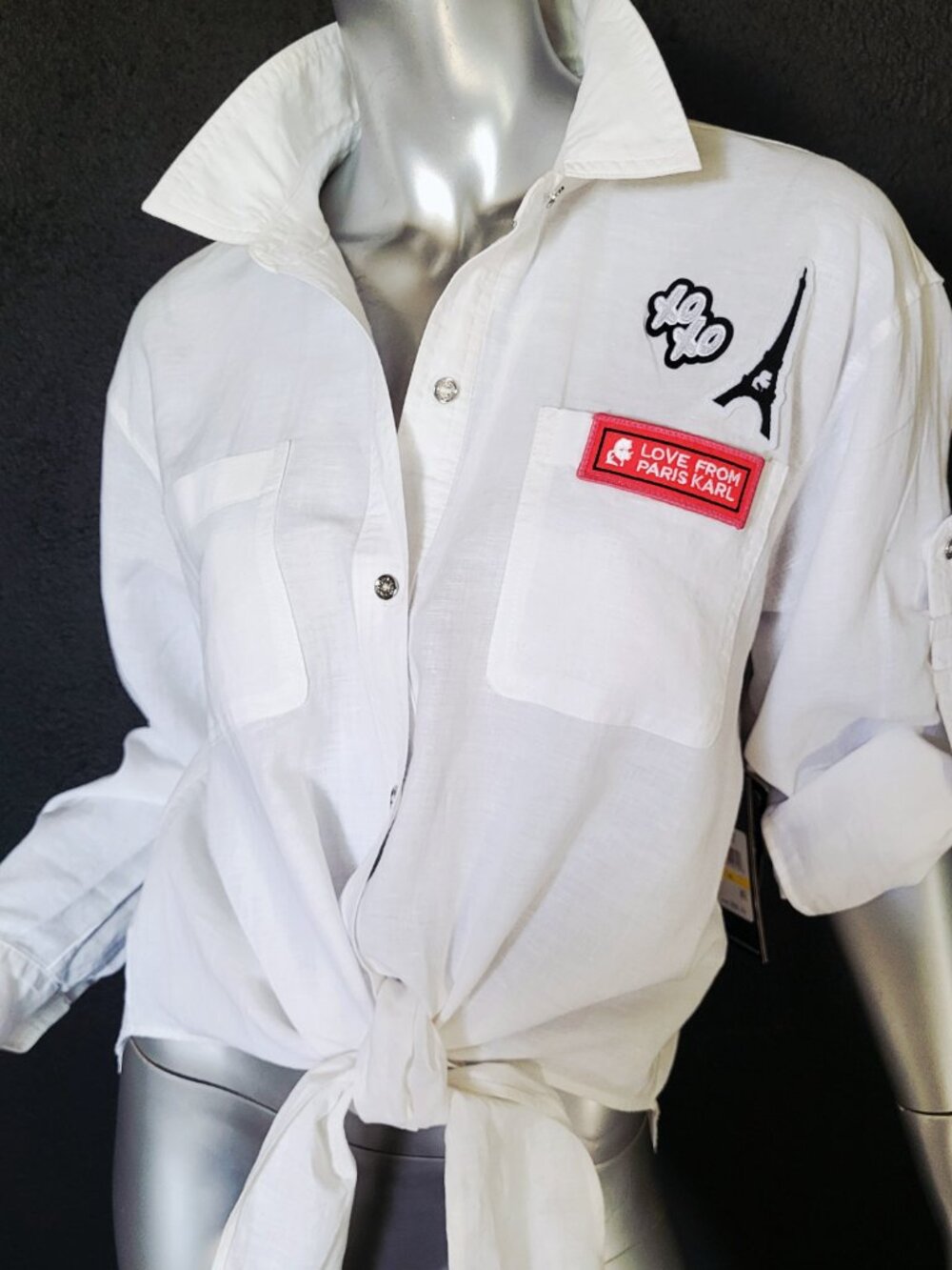 NWT~$90~KARL LAGERFELD~SZ M~WHITE ROLL TAB SLEEVE SHIRT TOP BLOUSE PARIS LOGO - Picture 10 of 16